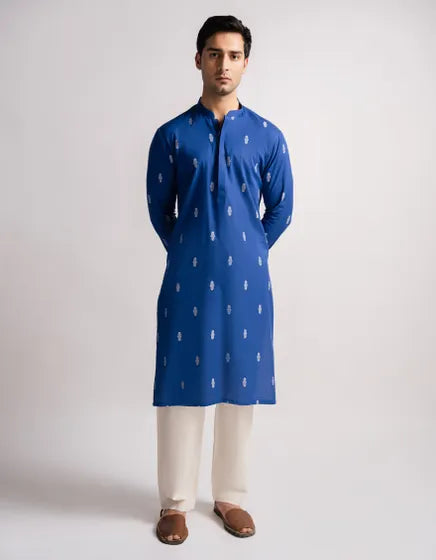 BLUE COTTON SEMI-FORMAL KURTA | FESTIVE '26 | JUNAID JAMSHED MENSWEAR