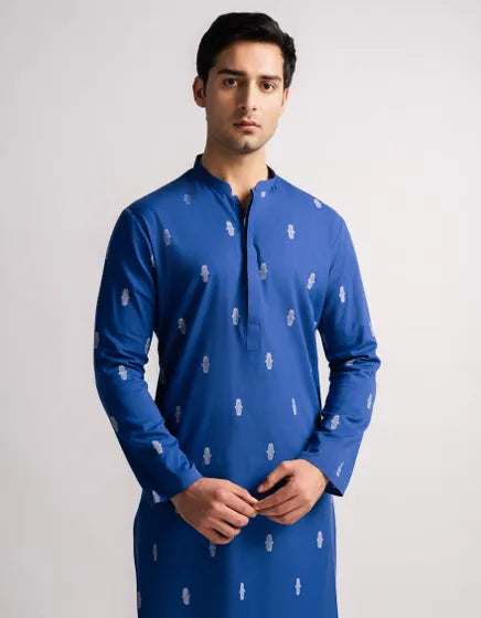 BLUE COTTON SEMI-FORMAL KURTA | FESTIVE '26 | JUNAID JAMSHED MENSWEAR