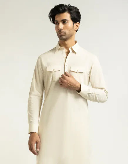 CREAM COTTON CASUAL KURTA TROUSERS | FESTIVE '26 | JUNAID JAMSHED MENSWEAR