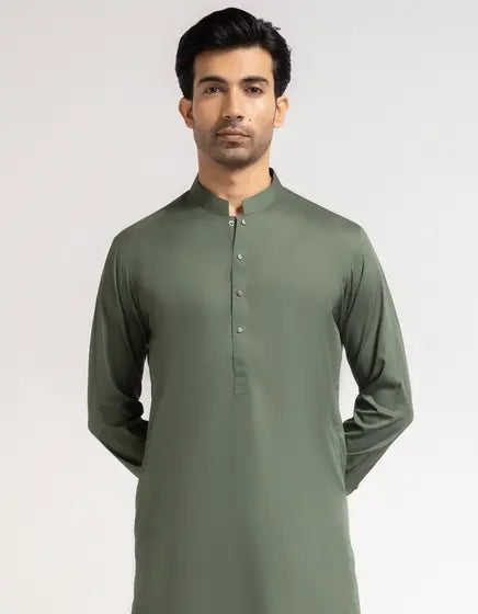 GREEN COTTON PLAIN KURTA TROUSERS | FESTIVE '26 | JUNAID JAMSHED MENSWEAR