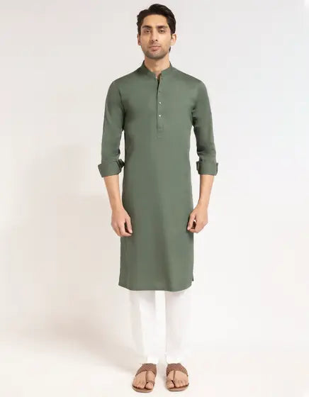 GREEN COTTON PLAIN KURTA TROUSERS | FESTIVE '26 | JUNAID JAMSHED MENSWEAR