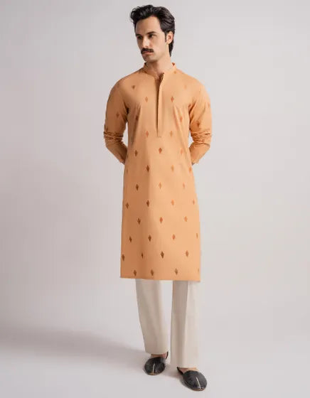 RUST COTTON SEMI-FORMAL KURTA | FESTIVE '26 | JUNAID JAMSHED MENSWEAR