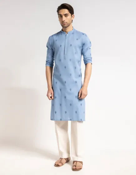 BLUE COTTON SEMI-FORMAL KURTA | FESTIVE '26 | JUNAID JAMSHED MENSWEAR