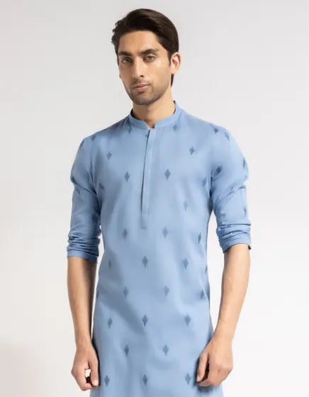 BLUE COTTON SEMI-FORMAL KURTA | FESTIVE '26 | JUNAID JAMSHED MENSWEAR