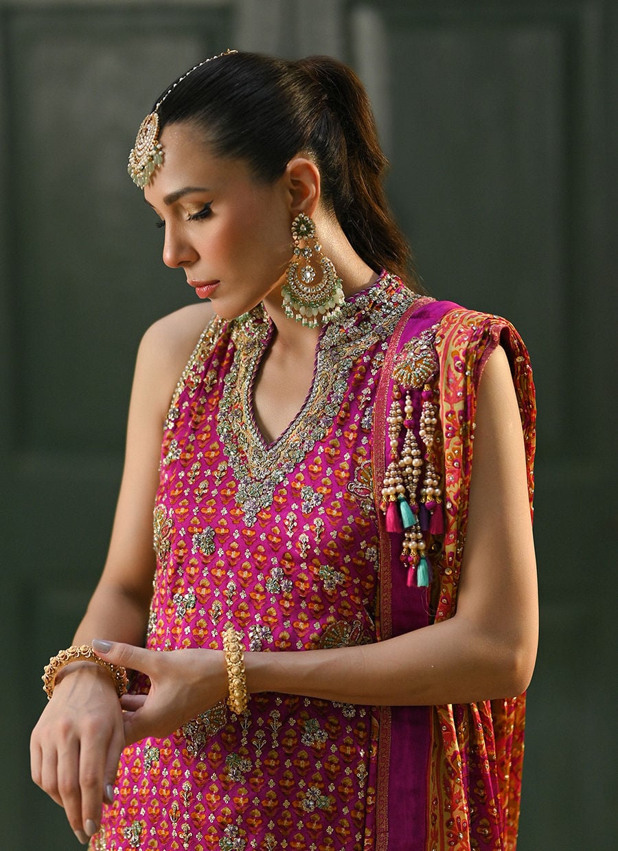 Ayala Magenta Pink Block Printed Shirt Dupatta And Lengha | FARAH TALIB AZIZ