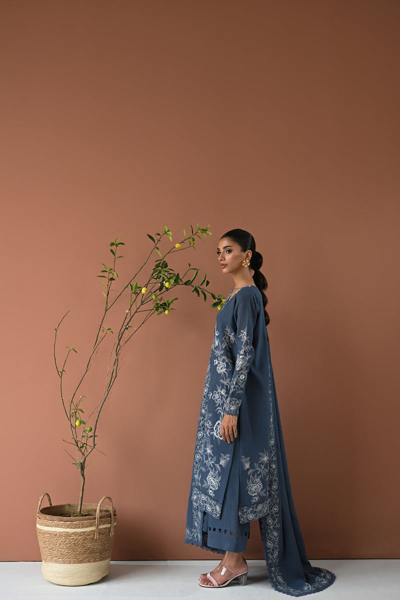 BLUE SLATE GREY LUXURY EMBROIDERED KARANDI SET (NEL-24630)| ZAIB