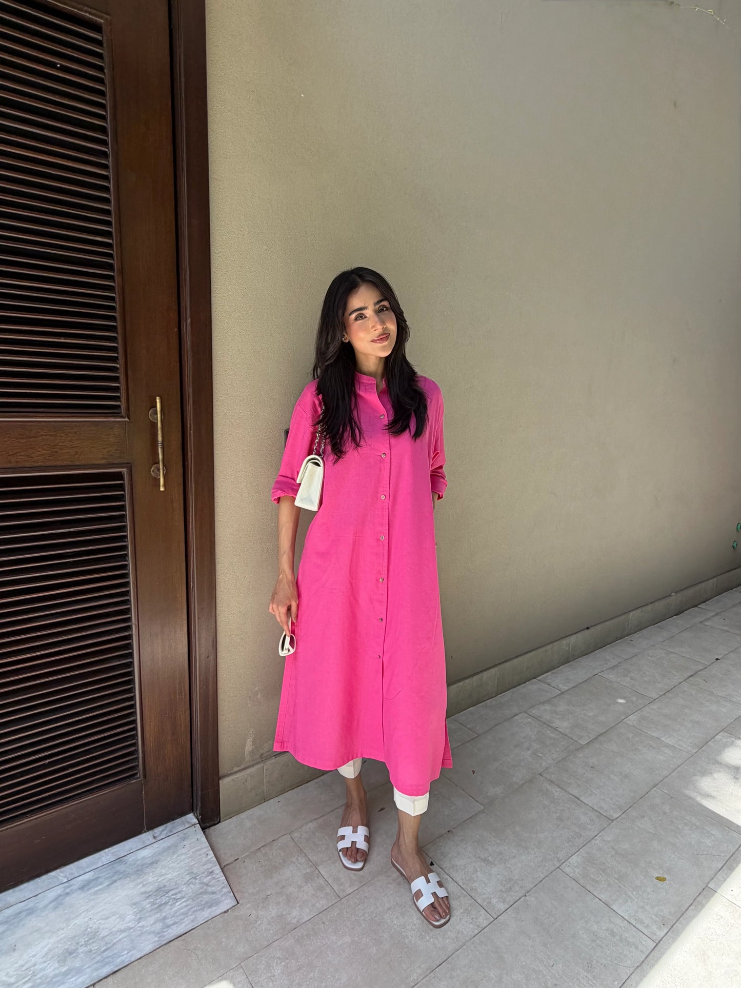 Oversized Linen Shirt Dress in Hot Pink | Sak Atelier