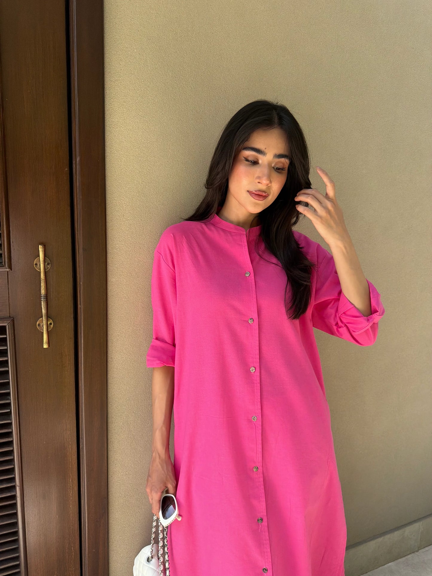Oversized Linen Shirt Dress in Hot Pink | Sak Atelier