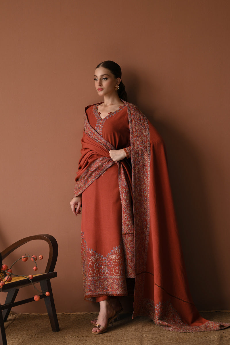 DEEP RUST LUXURY EMBROIDERED KARANDI SET (NEL-24634) | ZAIB