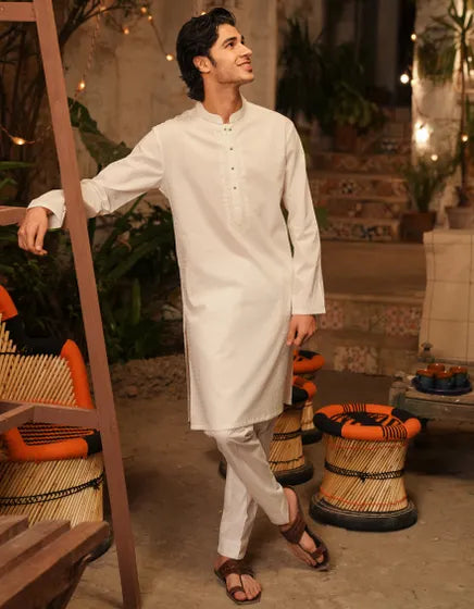WHITE SCHIFFLI COTTON FORMAL KURTA | JUNAID JAMSHED MENSWEAR