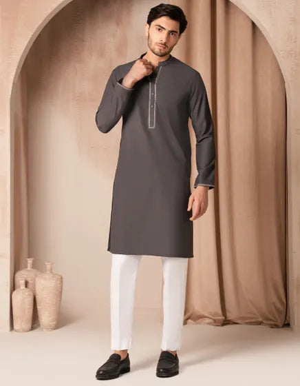 GREY BLENDED FORMAL KURTA | JUNAID JAMSHED MENSWEAR