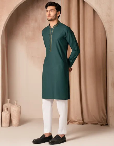 GREEN BLENDED FORMAL KURTA | JUNAID JAMSHED MENSWEAR