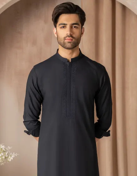 NAVY BLUE BLENDED SEMI-FORMAL KURTA TROUSER | JUNAID JAMSHED MENSWEAR