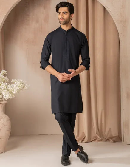 NAVY BLUE BLENDED SEMI-FORMAL KURTA TROUSER | JUNAID JAMSHED MENSWEAR
