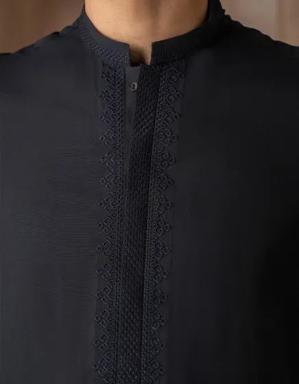 NAVY BLUE BLENDED SEMI-FORMAL KURTA TROUSER | JUNAID JAMSHED MENSWEAR