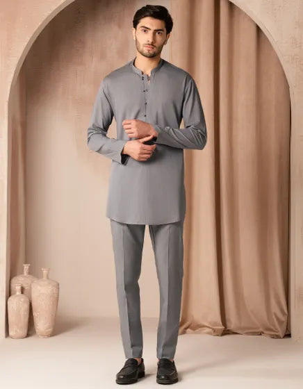 GREY COTTON CASUAL SHORT KURTA TROUSER | JUNAID JAMSHED MENSWEAR
