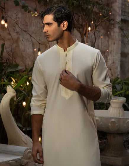 CREAM BLENDED FORMAL KAMEEZ SHALWAR | JUNAID JAMSHED MENSWEAR
