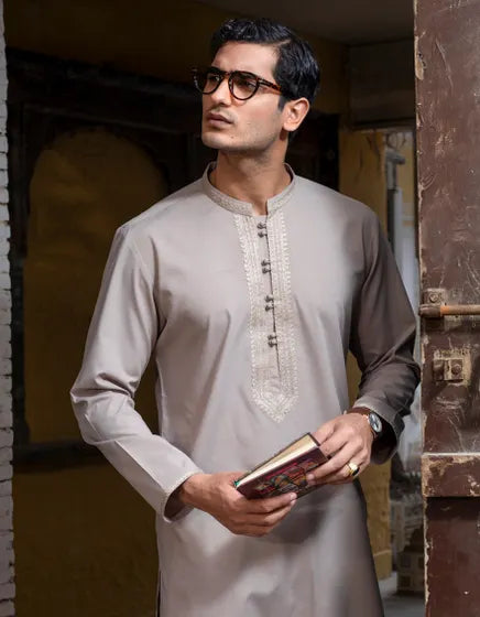 PALE KHAKI BLENDED FORMAL KAMEEZ SHALWAR | JUNAID JAMSHED MENSWEAR