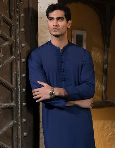 BLUE BLENDED FORMAL KAMEEZ SHALWAR | JUNAID JAMSHED MENSWEAR