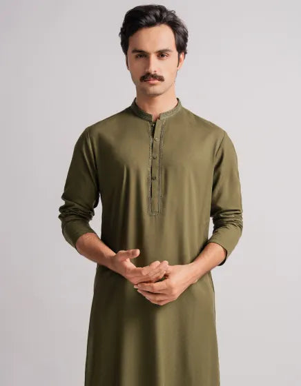 MEHNDI GREEN COTTON FORMAL KURTA | FESTIVE '26 | JUNAID JAMSHED MENSWEAR