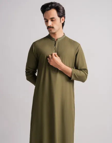 MEHNDI GREEN COTTON FORMAL KURTA | FESTIVE '26 | JUNAID JAMSHED MENSWEAR