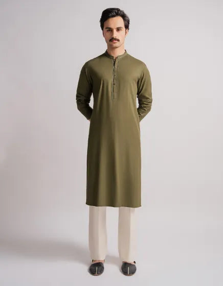 MEHNDI GREEN COTTON FORMAL KURTA | FESTIVE '26 | JUNAID JAMSHED MENSWEAR