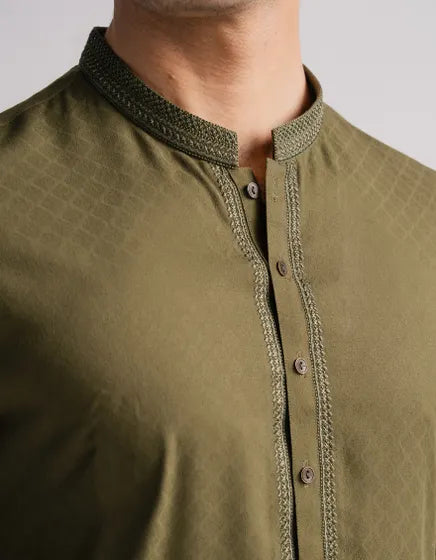 MEHNDI GREEN COTTON FORMAL KURTA | FESTIVE '26 | JUNAID JAMSHED MENSWEAR