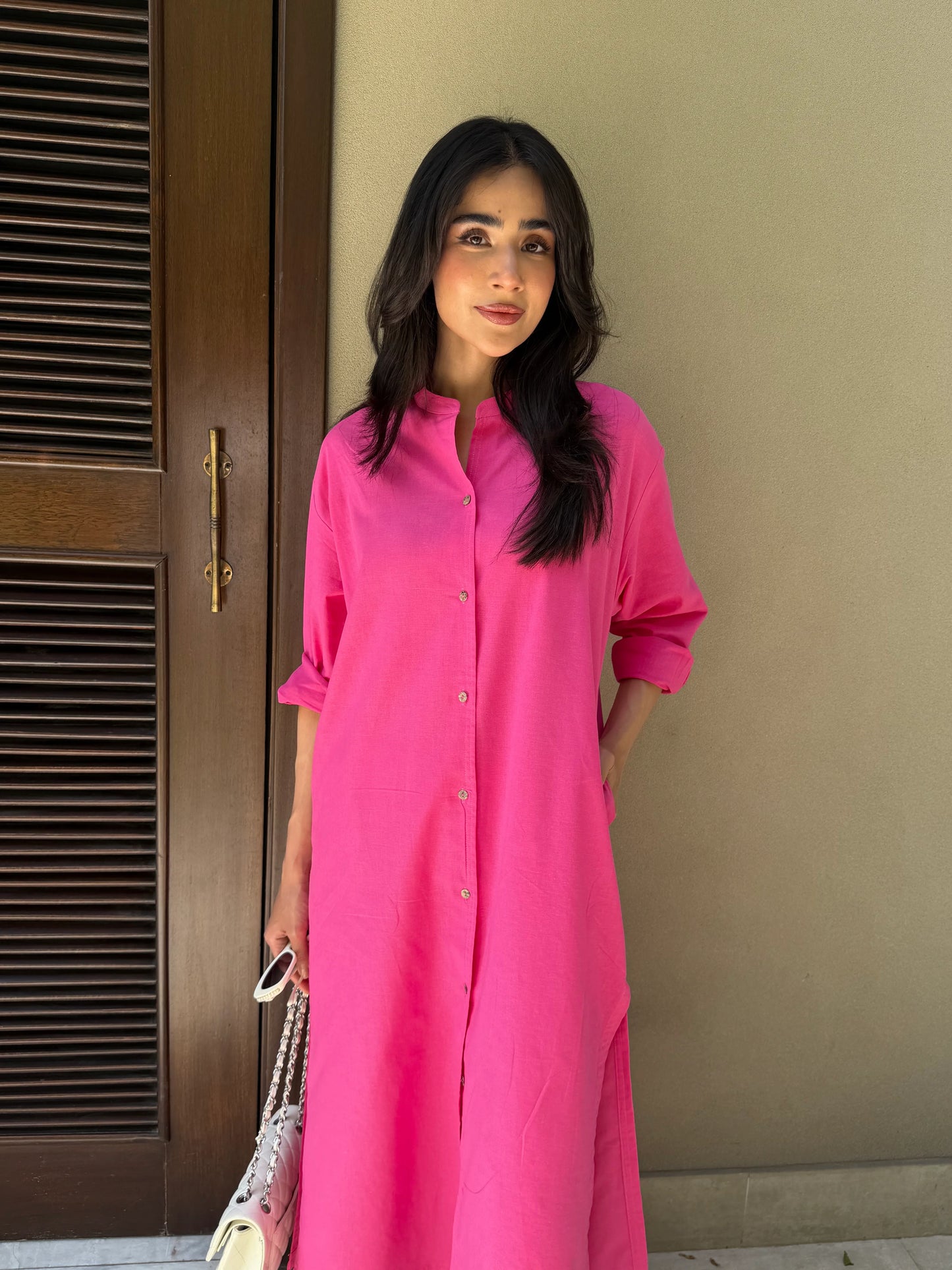 Oversized Linen Shirt Dress in Hot Pink | Sak Atelier