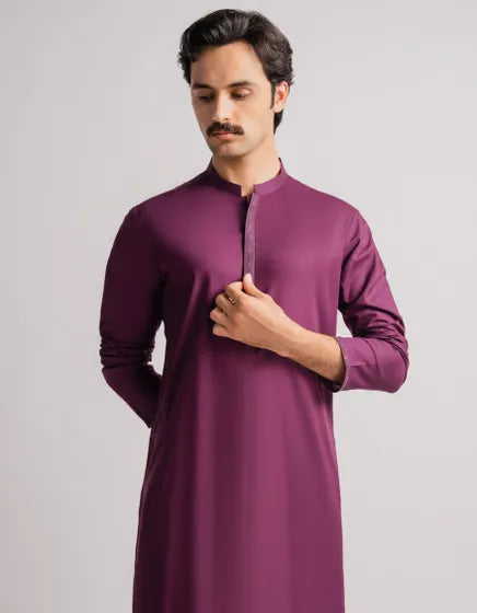 PURPLE COTTON SEMI-FORMAL KURTA | FESTIVE '26 | JUNAID JAMSHED MENSWEAR