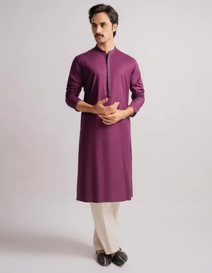 PURPLE COTTON SEMI-FORMAL KURTA | FESTIVE '26 | JUNAID JAMSHED MENSWEAR