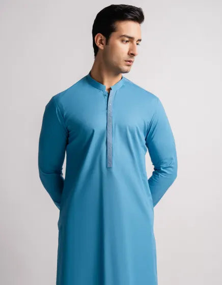 AQUA BLUE COTTON SEMI-FORMAL KURTA | FESTIVE '26 | JUNAID JAMSHED MENSWEAR