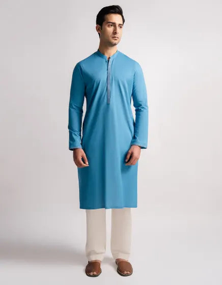 AQUA BLUE COTTON SEMI-FORMAL KURTA | FESTIVE '26 | JUNAID JAMSHED MENSWEAR
