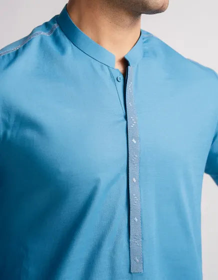 AQUA BLUE COTTON SEMI-FORMAL KURTA | FESTIVE '26 | JUNAID JAMSHED MENSWEAR
