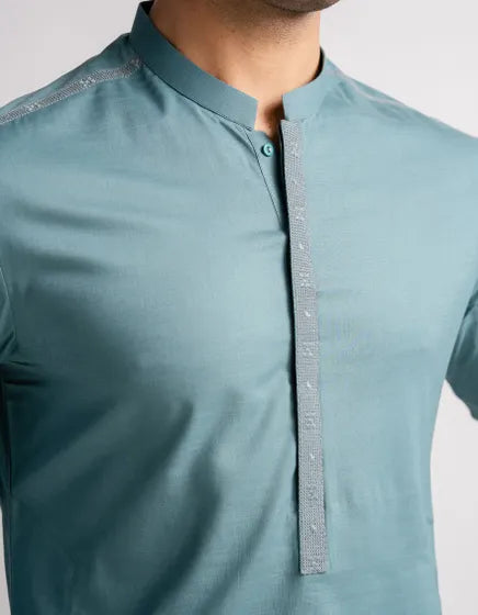 TURQUOISE SEMI-FORMAL KURTA | FESTIVE '26 | JUNAID JAMSHED MENSWEAR