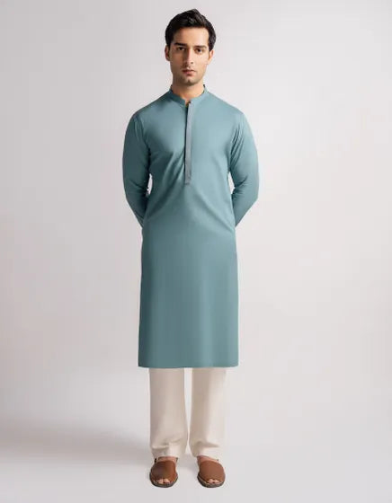 TURQUOISE SEMI-FORMAL KURTA | FESTIVE '26 | JUNAID JAMSHED MENSWEAR