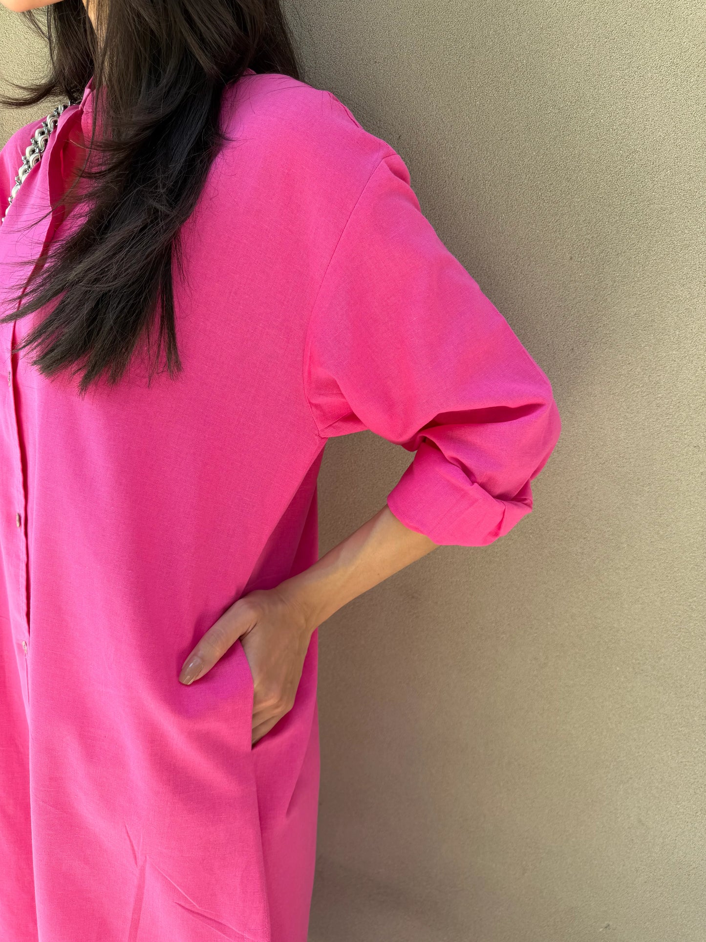 Oversized Linen Shirt Dress in Hot Pink | Sak Atelier