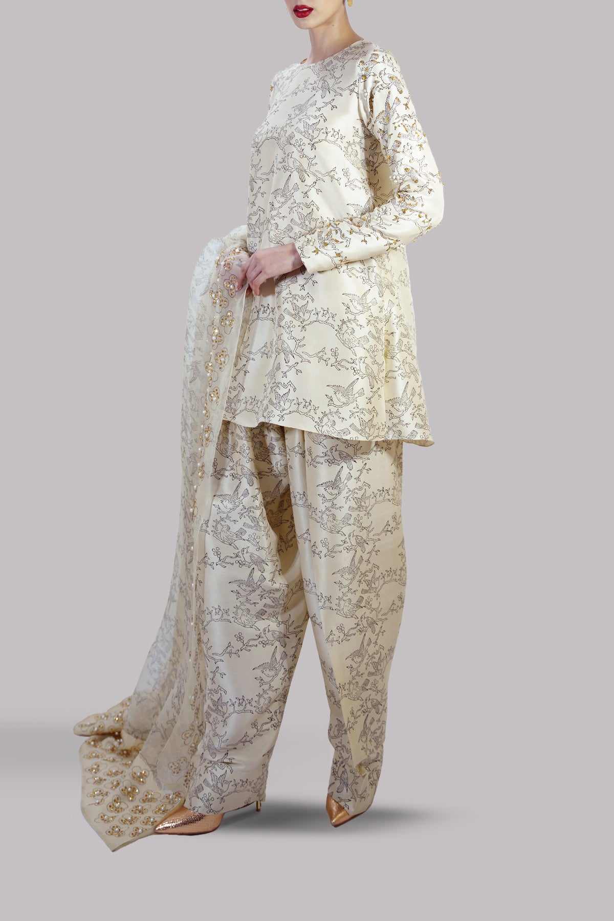 Lamb’s Wool Block Printed & Embellished Raw Silk Set | Muse Luxe