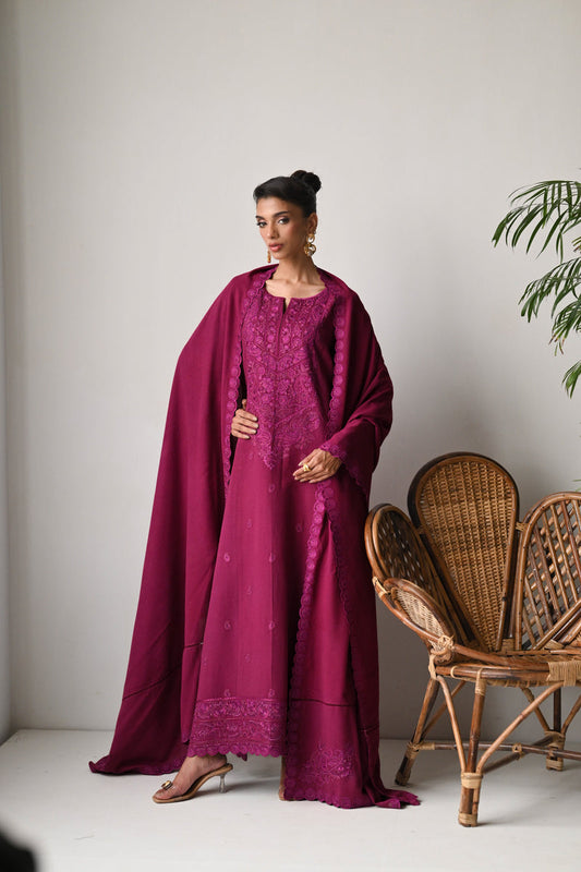 DEEP BERRY LUXURY EMBROIDERED KARANDI SET (NEL-24631) | ZAIB