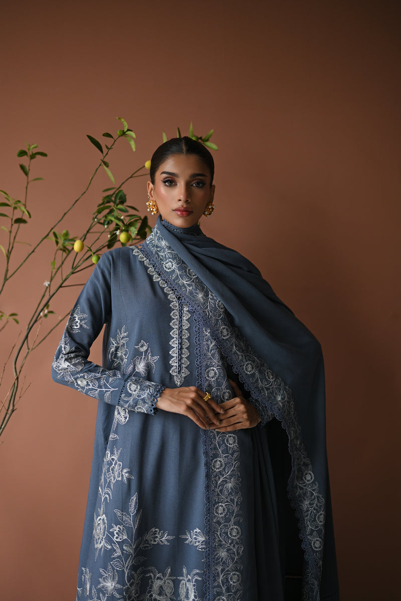 BLUE SLATE GREY LUXURY EMBROIDERED KARANDI SET (NEL-24630)| ZAIB