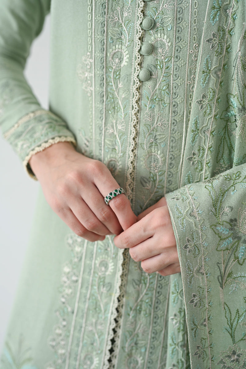 GLACIAL PASTEL GREEN LUXURY EMBROIDERED KARANDI SET (NEL-24627)| ZAIB