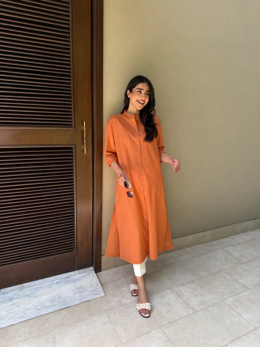 Oversized Linen Shirt Dress in Tangerine | Sak Atelier