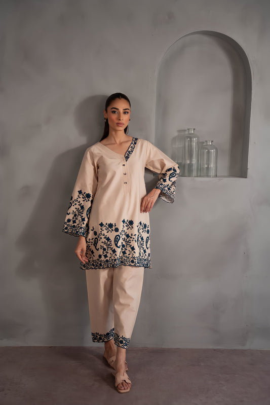 BEIGE & BLUE MINI EMBROIDERED SET |ZAIB