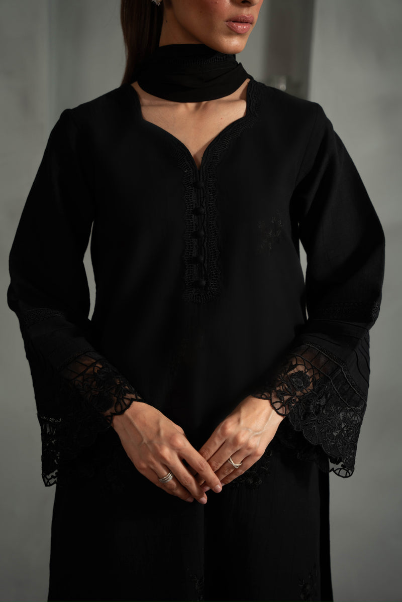 ALL BLACK EMBROIDERED 3PCS (NPA3-24422) | Zaib