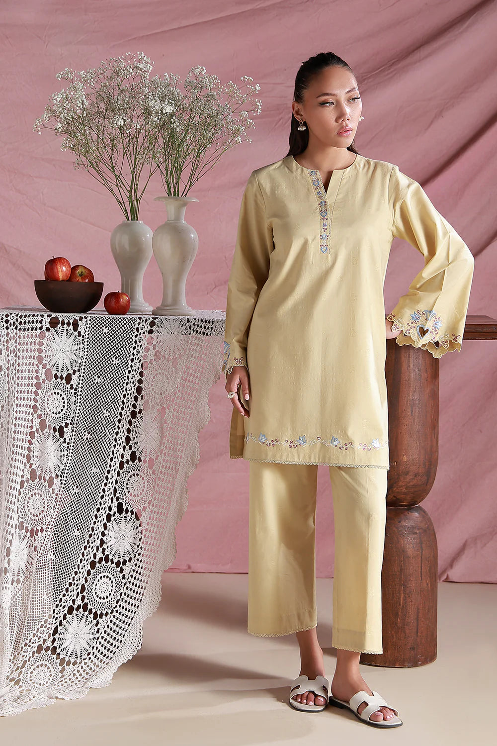 Lemon Cream | Pret Essentials - Embroidered Co-Ord Sets | Sahar