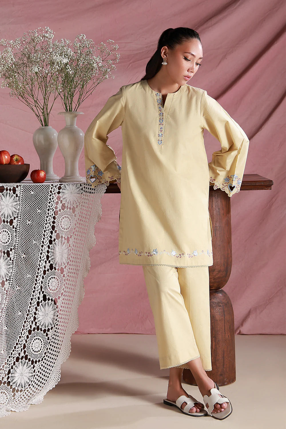 Lemon Cream | Pret Essentials - Embroidered Co-Ord Sets | Sahar