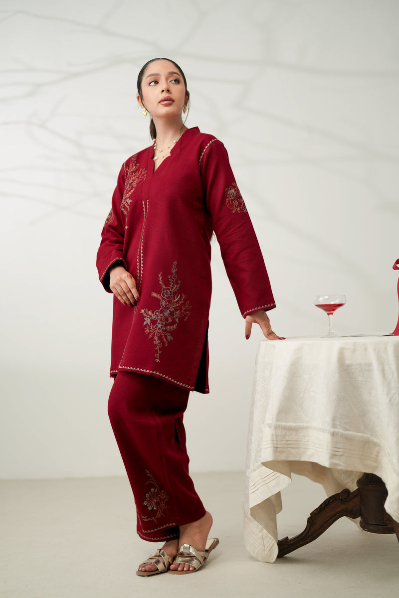 DEEP RED LUXURY EMBROIDERED FALL SET (NPA2-24315) | ZAIB