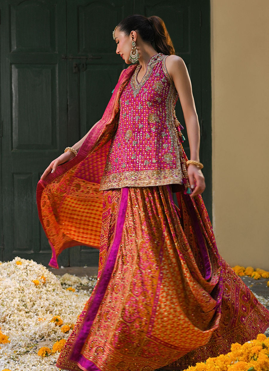Ayala Magenta Pink Block Printed Shirt Dupatta And Lengha | FARAH TALIB AZIZ