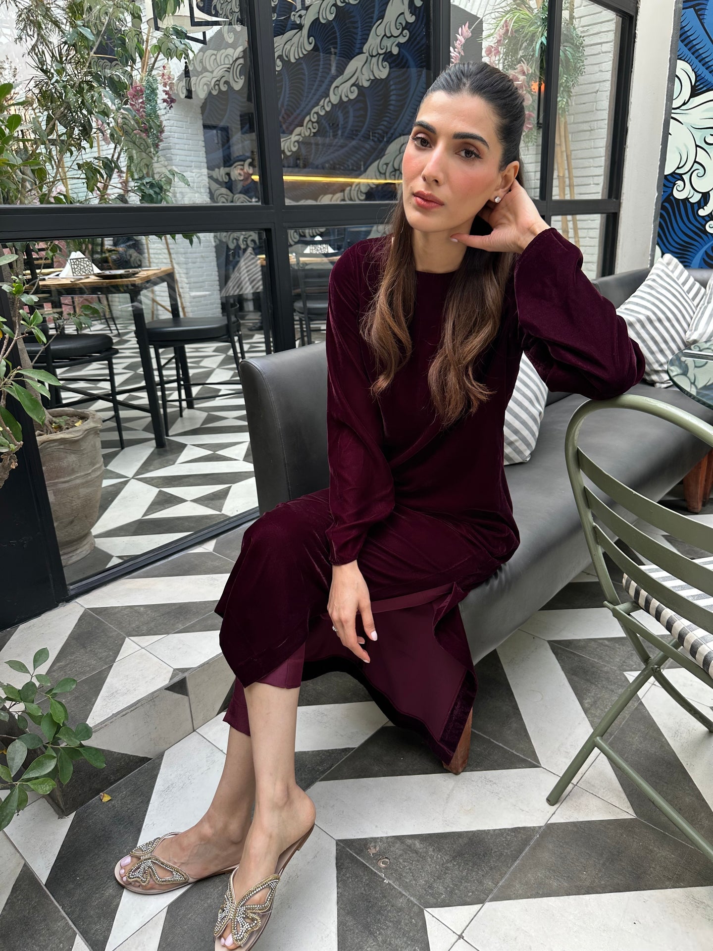 BURGUNDY VELVET SHIRT DRESS