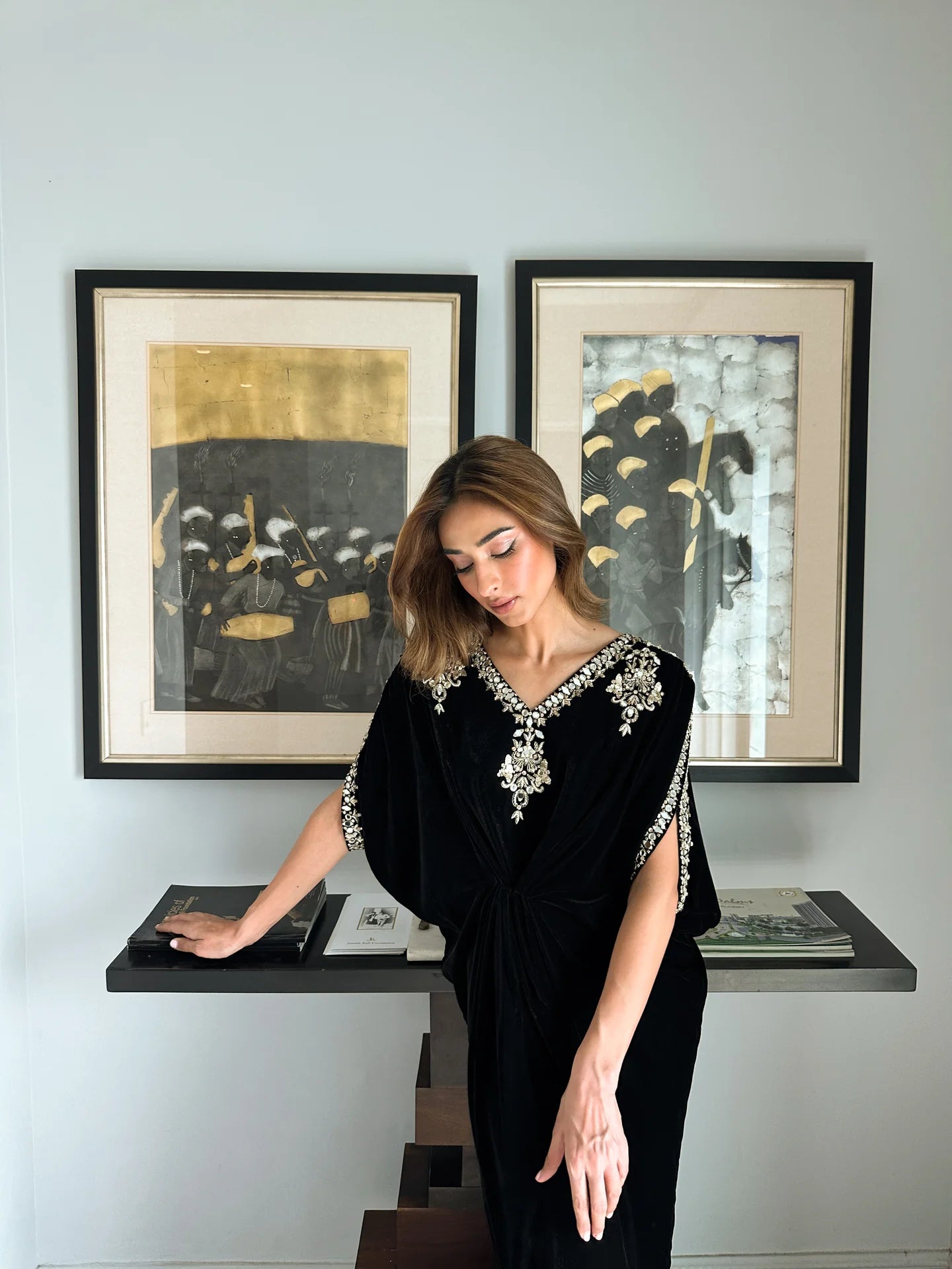 BLACK VELVET EMBELLISHED KAAFTAN | SAK ATELIER
