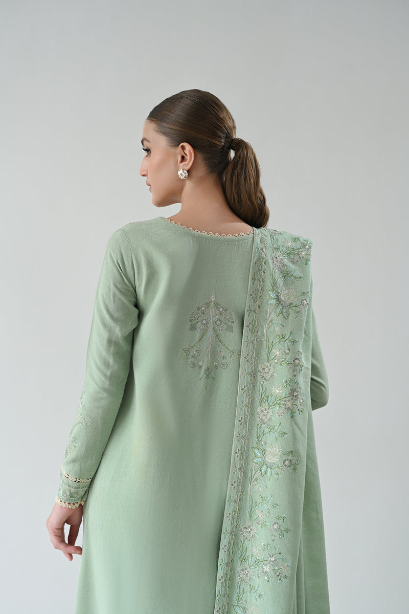 GLACIAL PASTEL GREEN LUXURY EMBROIDERED KARANDI SET (NEL-24627)| ZAIB